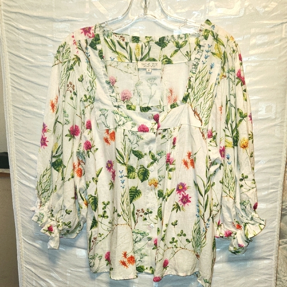 Rachel Zoe White and Pink linen Blend Ruffled Square Neck Baby Doll Blouse sz  M